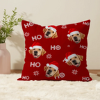 Personalized Christmas throw pillow with custom photo of your dog or cat in festive design