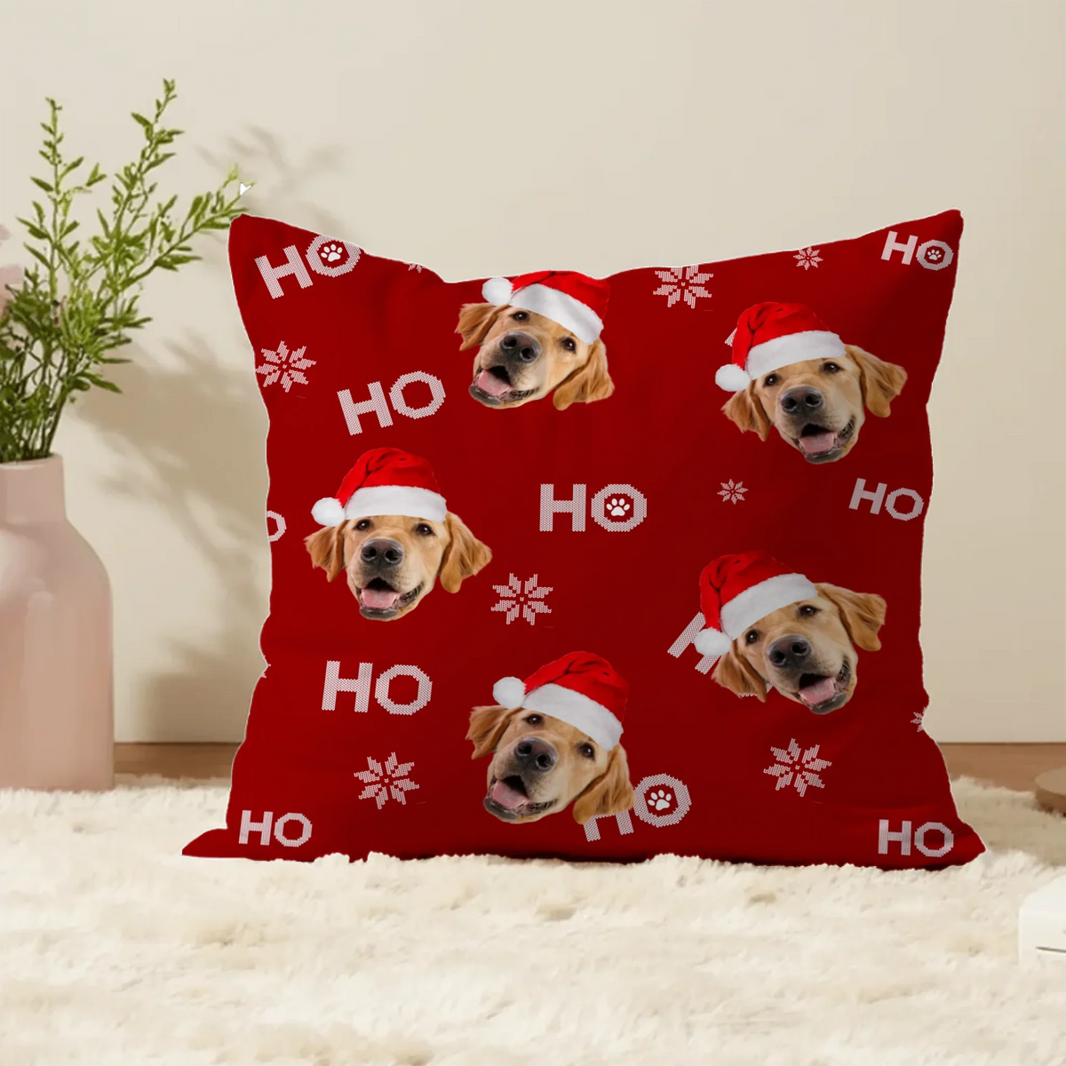 Personalized Christmas throw pillow with custom photo of your dog or cat in festive design