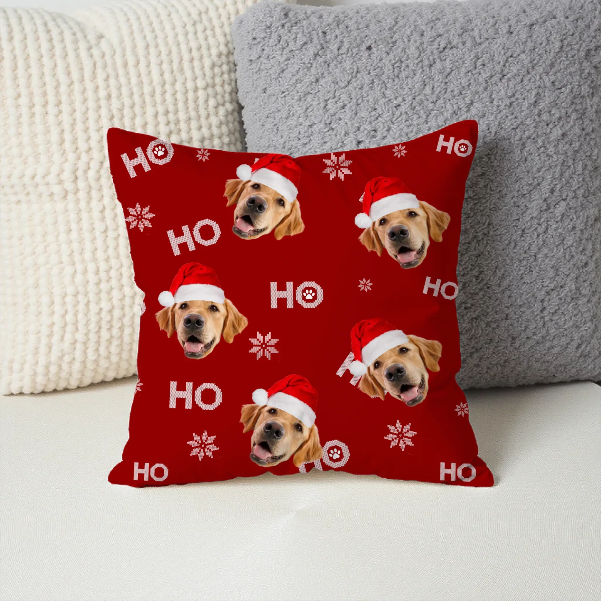 Personalized Christmas throw pillow with custom photo of your dog or cat in festive design