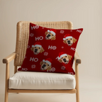 Personalized Christmas throw pillow with custom photo of your dog or cat in festive design