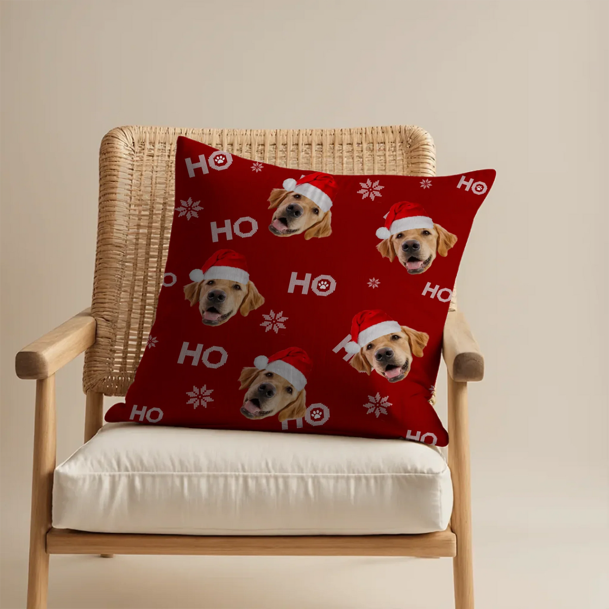 Personalized Christmas throw pillow with custom photo of your dog or cat in festive design