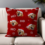 Personalized Christmas throw pillow with custom photo of your dog or cat in festive design