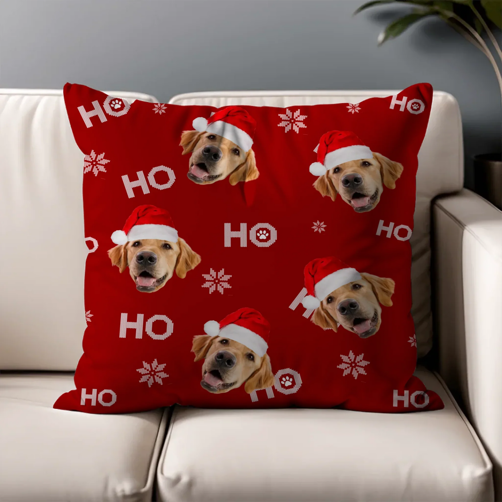 Personalized Christmas throw pillow with custom photo of your dog or cat in festive design