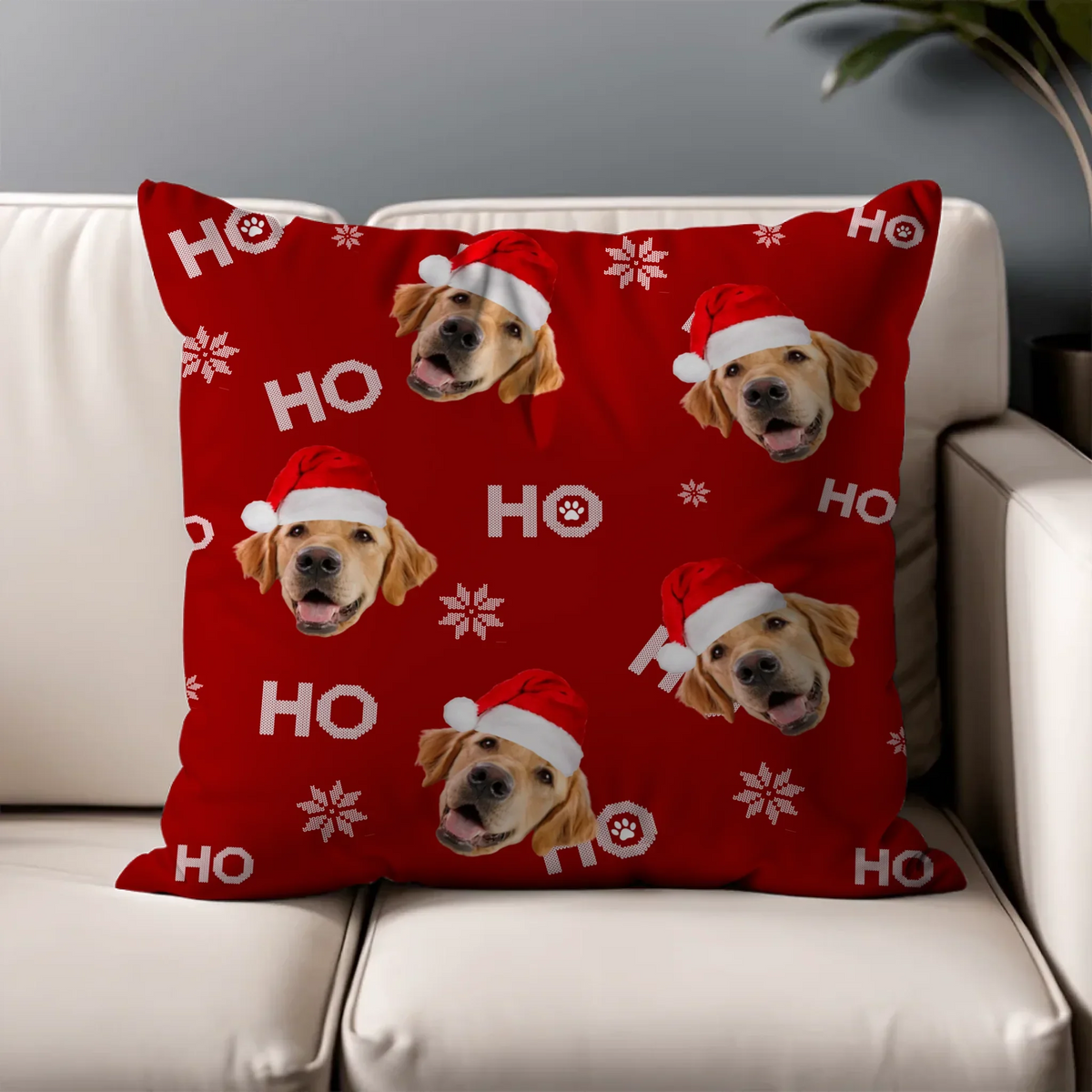 Personalized Christmas throw pillow with custom photo of your dog or cat in festive design