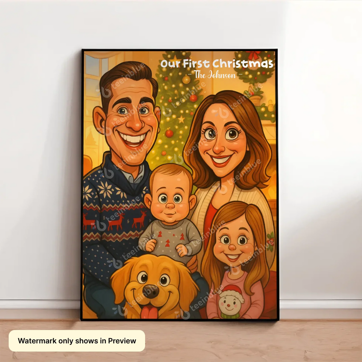 AI-generated personalized family caricature Christmas portrait poster wall art