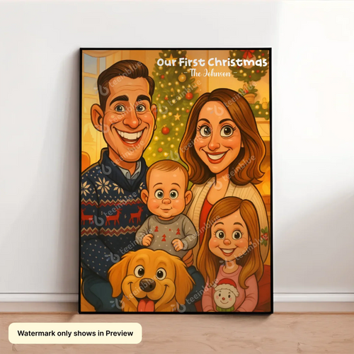 AI-generated personalized family caricature Christmas portrait poster wall art