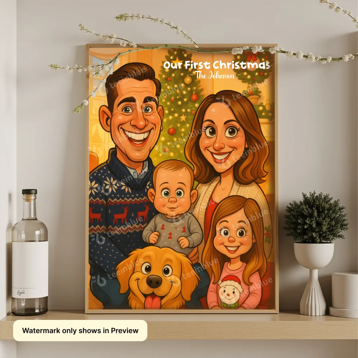 AI-generated personalized family caricature Christmas portrait poster wall art