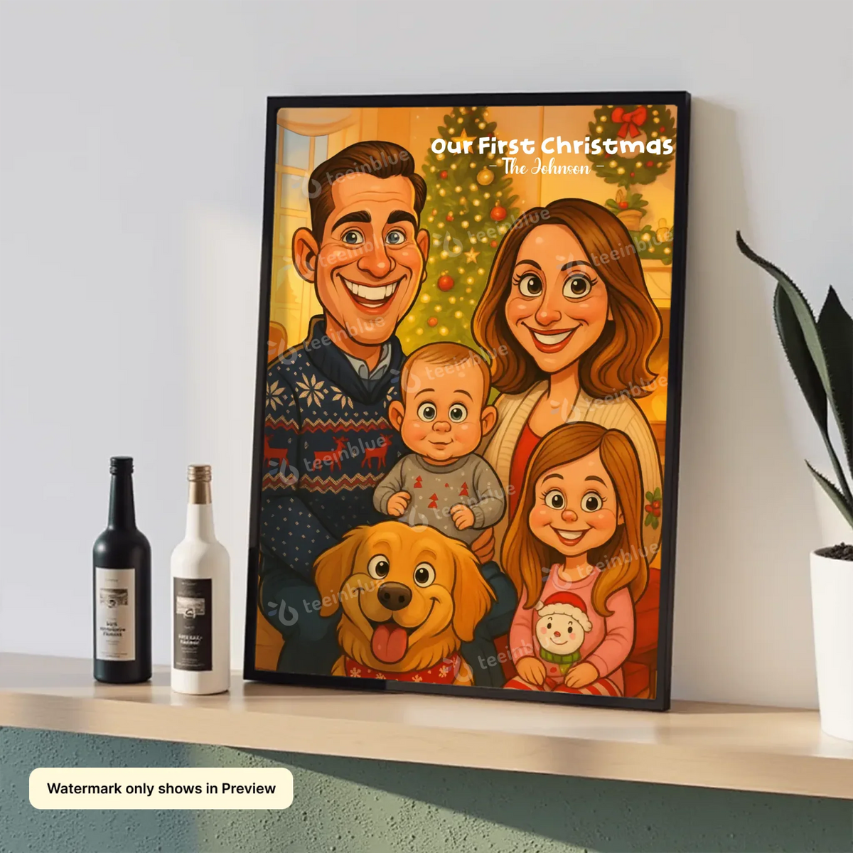 AI-generated personalized family caricature Christmas portrait poster wall art