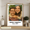 Funny AI-generated couple caricature portrait poster personalized for anniversaries