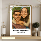 Funny AI-generated couple caricature portrait poster personalized for anniversaries