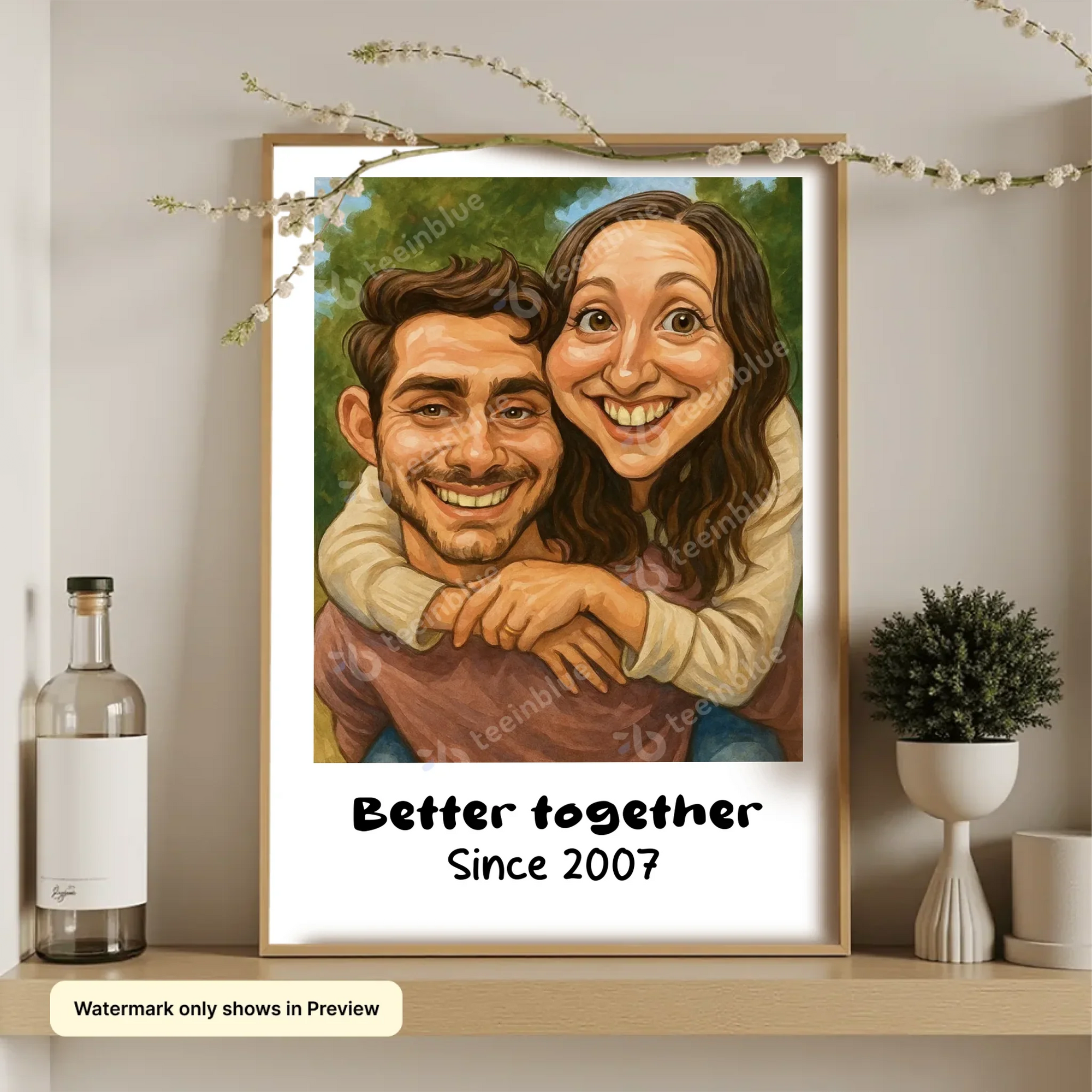 Funny AI-generated couple caricature portrait poster personalized for anniversaries