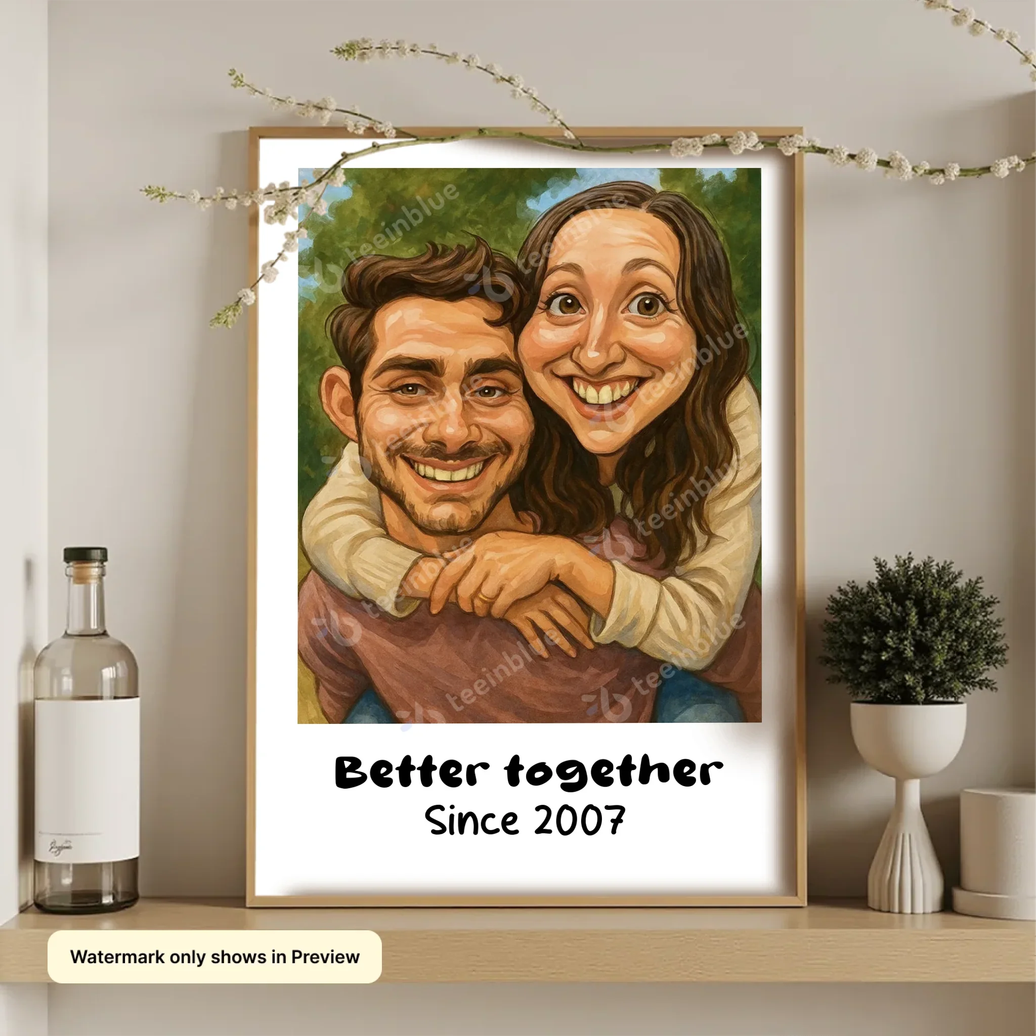 Funny AI-generated couple caricature portrait poster personalized for anniversaries