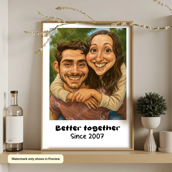 Funny AI-generated couple caricature portrait poster personalized for anniversaries