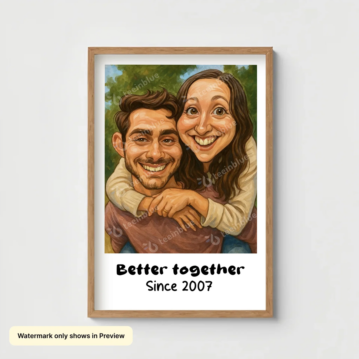 Funny AI-generated couple caricature portrait poster personalized for anniversaries