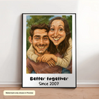 Funny AI-generated couple caricature portrait poster personalized for anniversaries