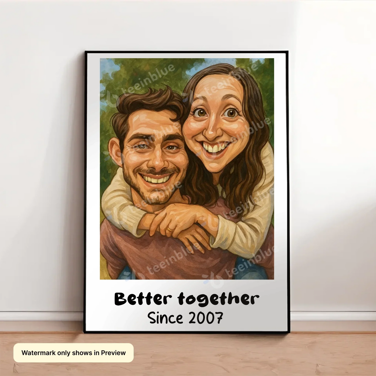 Funny AI-generated couple caricature portrait poster personalized for anniversaries