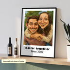 Funny AI-generated couple caricature portrait poster personalized for anniversaries