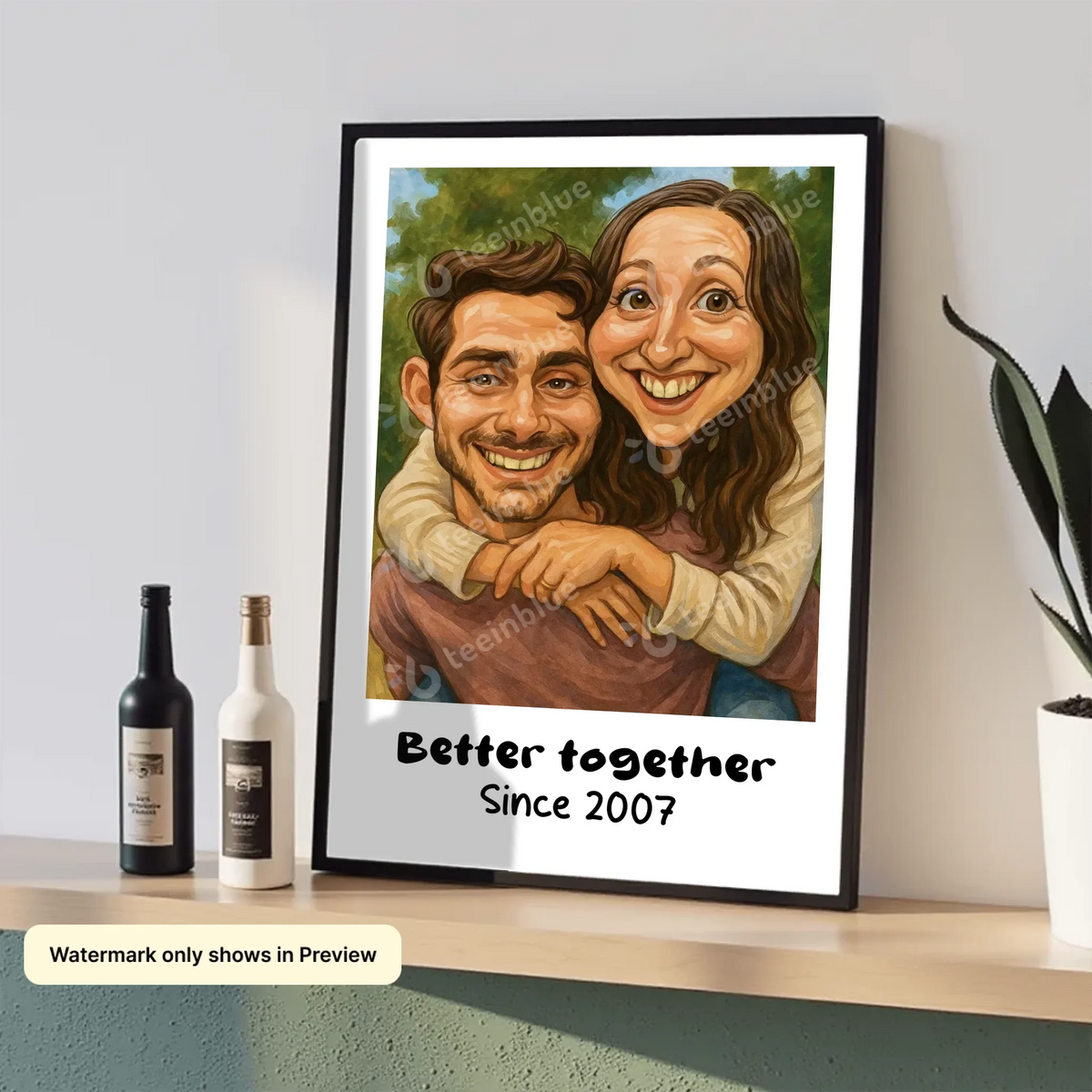 Funny AI-generated couple caricature portrait poster personalized for anniversaries