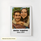 Funny AI-generated couple caricature portrait poster personalized for anniversaries