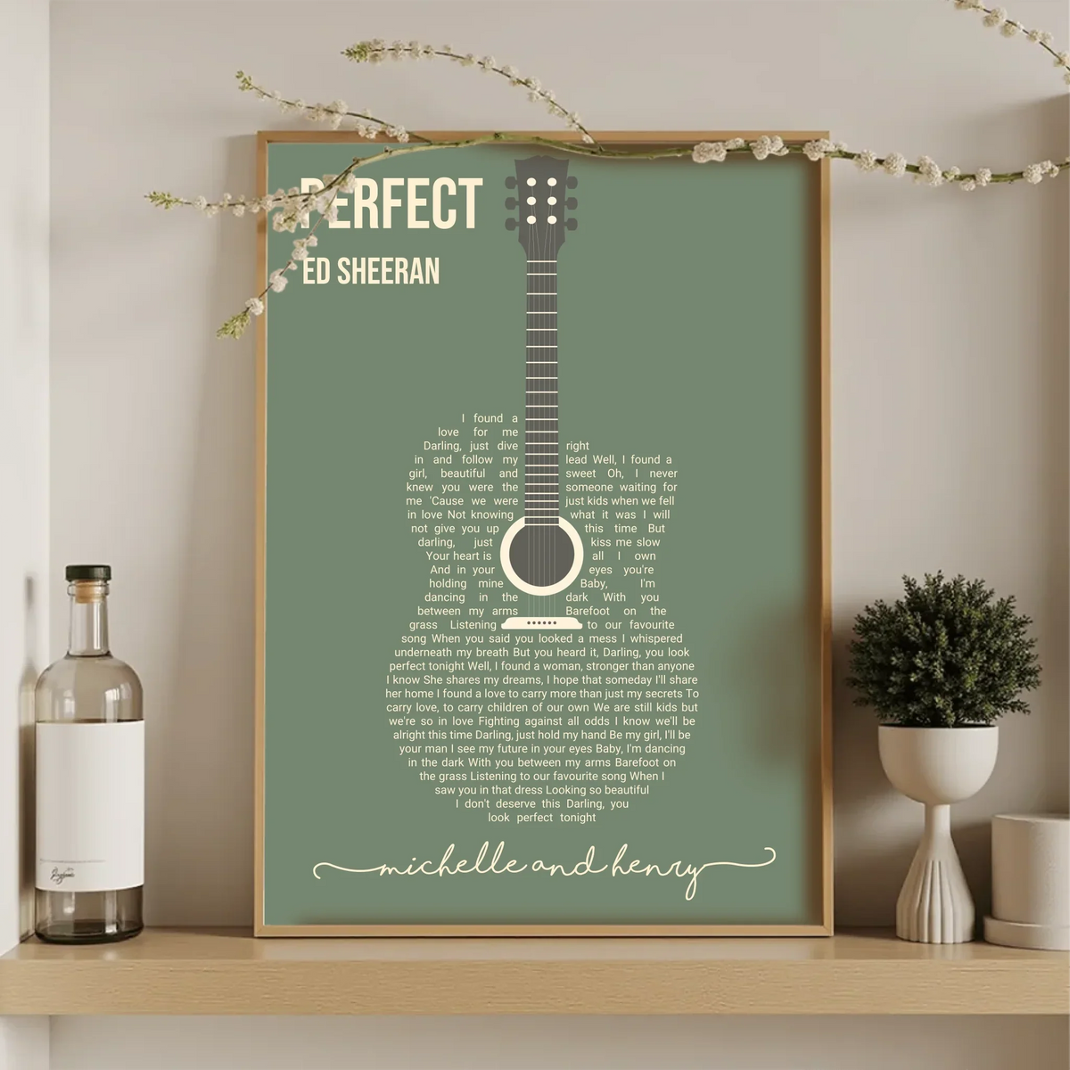 Personalized poster with custom song lyrics arranged in an artistic word-art shape