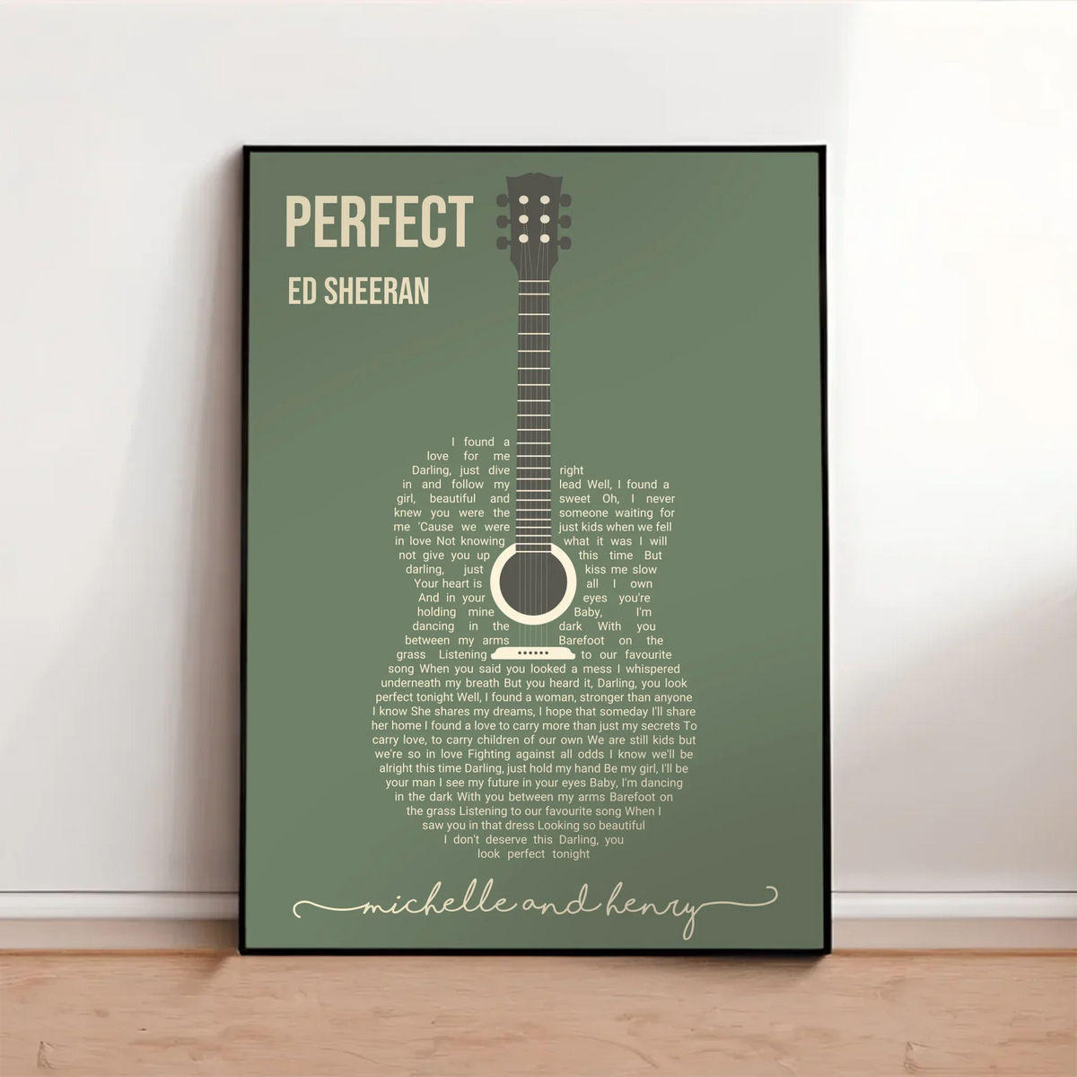 Personalized poster with custom song lyrics arranged in an artistic word-art shape