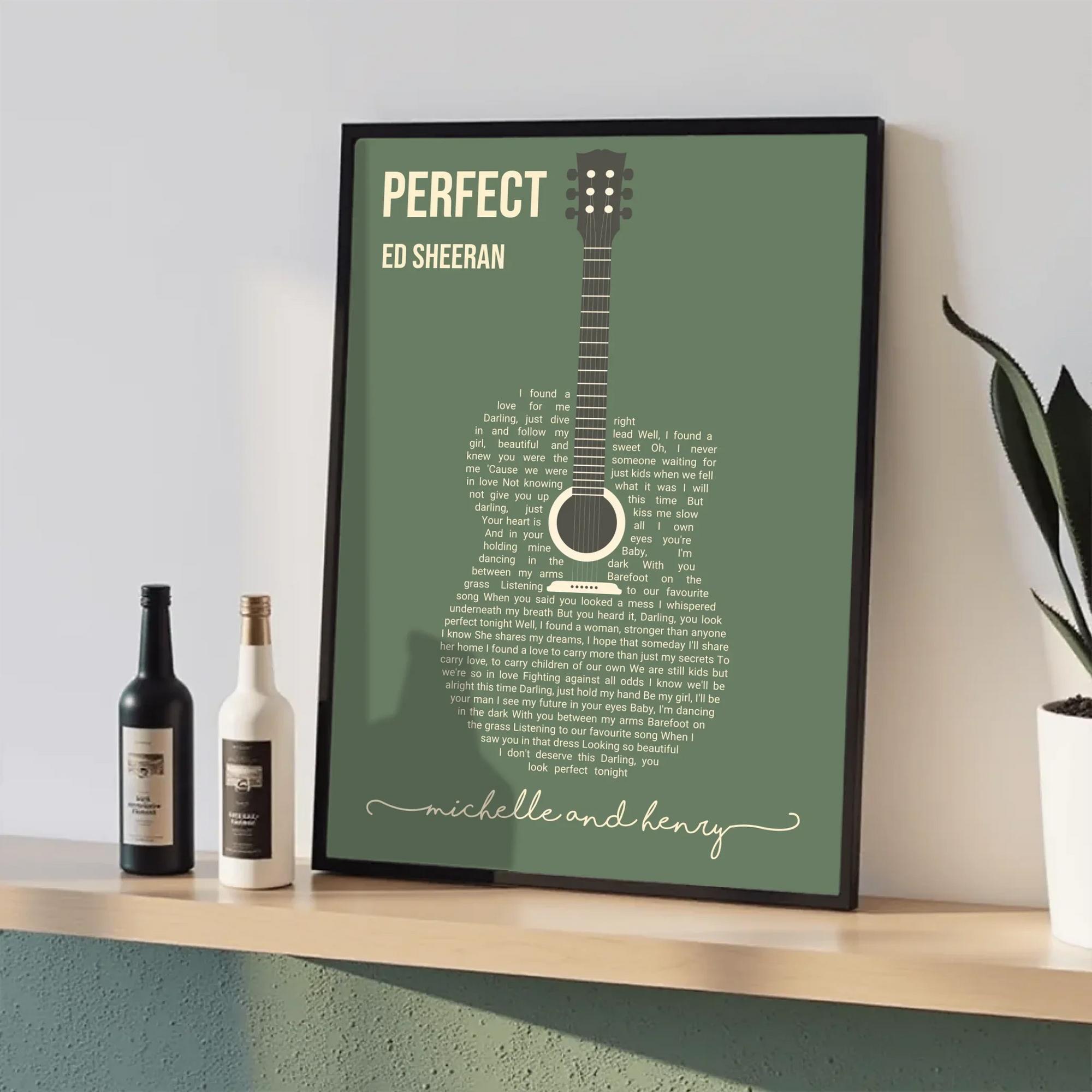 Personalized poster with custom song lyrics arranged in an artistic word-art shape