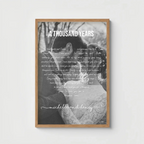 Personalized poster with custom song lyrics arranged in a paragraph shape around couple's photo