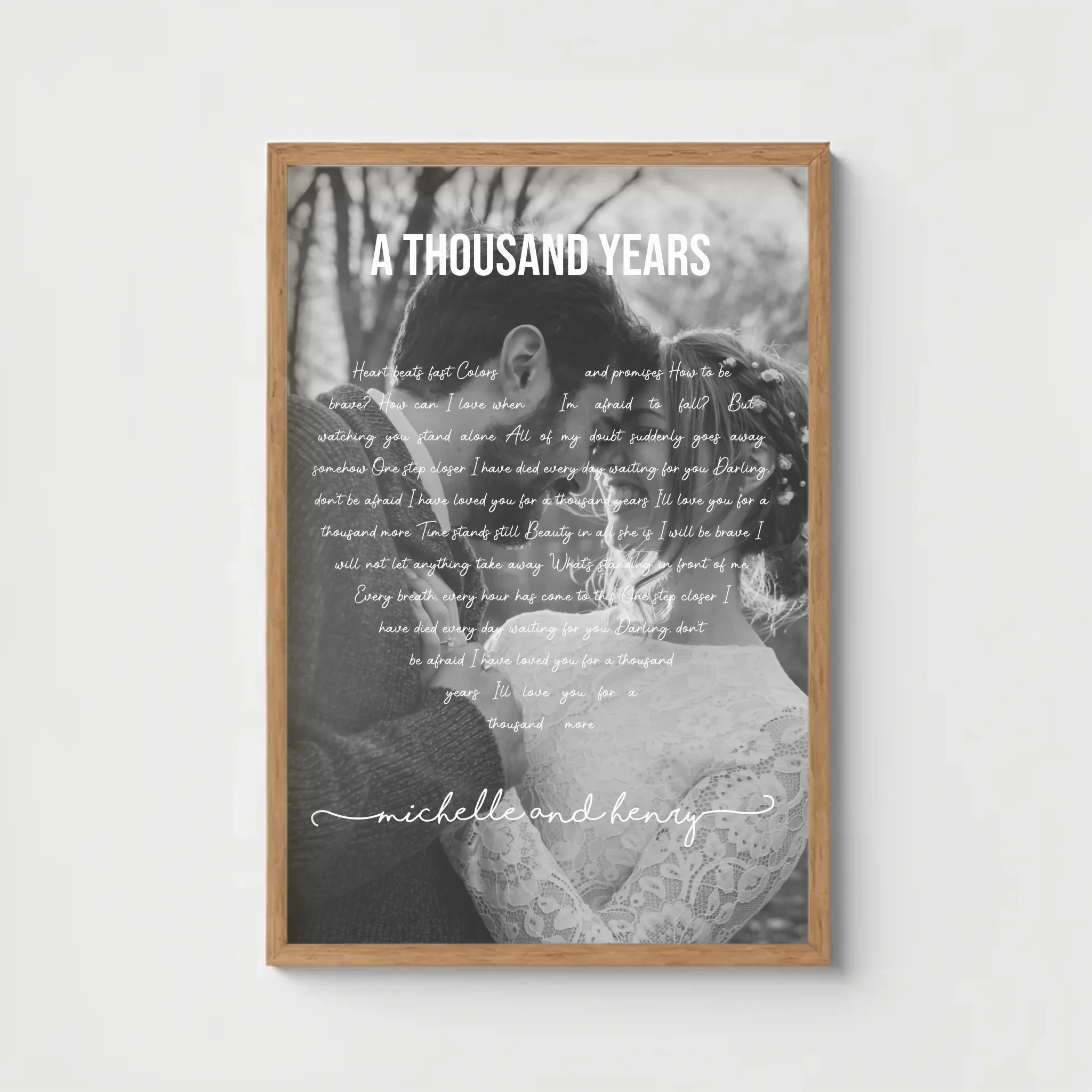 Personalized poster with custom song lyrics arranged in a paragraph shape around couple's photo
