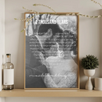 Personalized poster with custom song lyrics arranged in a paragraph shape around couple's photo
