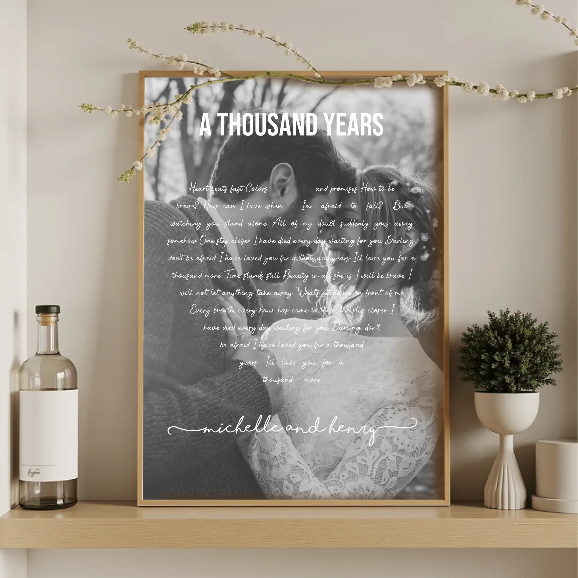 Personalized poster with custom song lyrics arranged in a paragraph shape around couple's photo