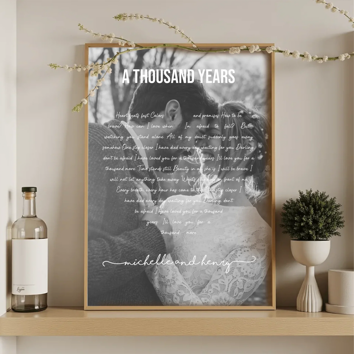 Personalized poster with custom song lyrics arranged in a paragraph shape around couple's photo