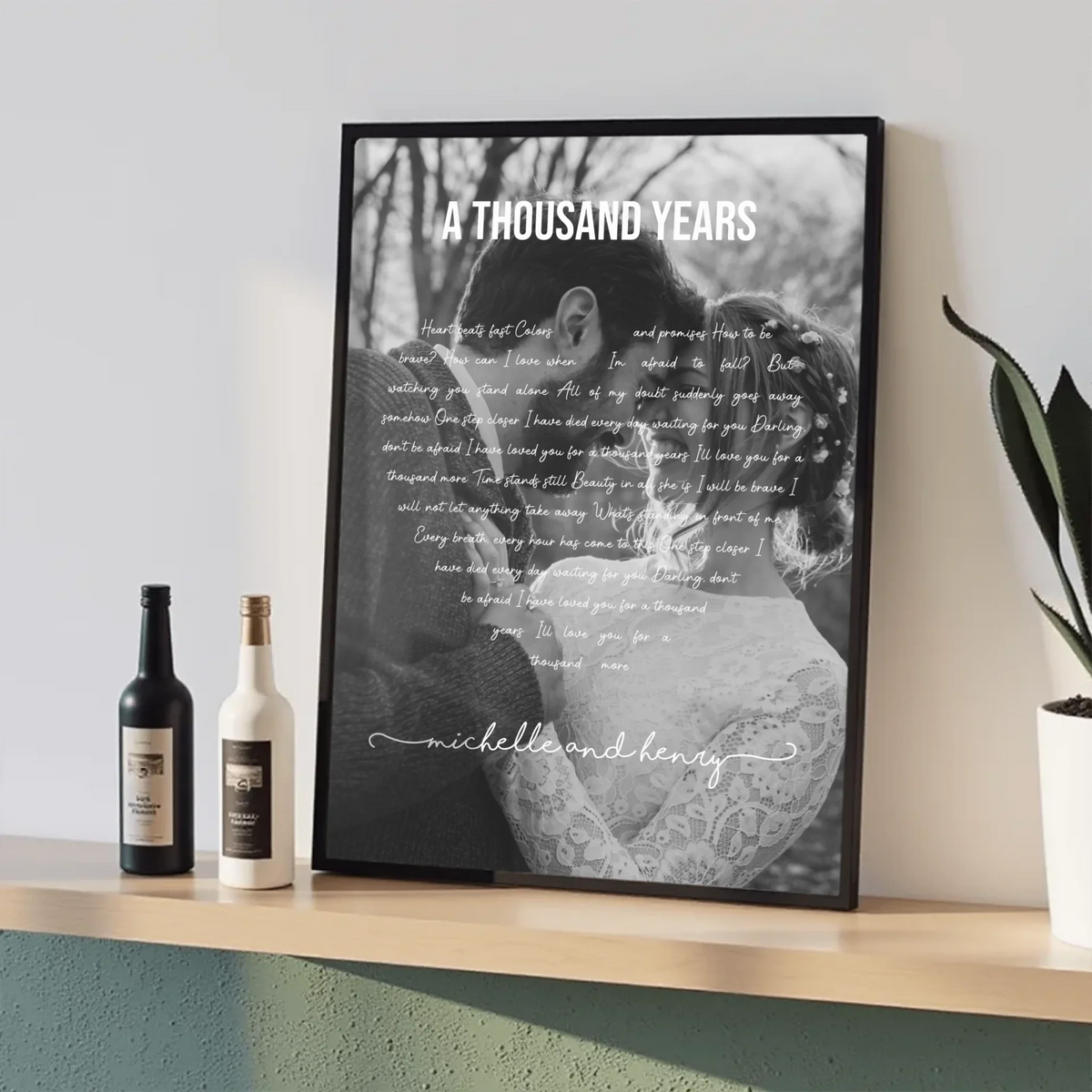Personalized poster with custom song lyrics arranged in a paragraph shape around couple's photo