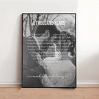 Personalized poster with custom song lyrics arranged in a paragraph shape around couple's photo