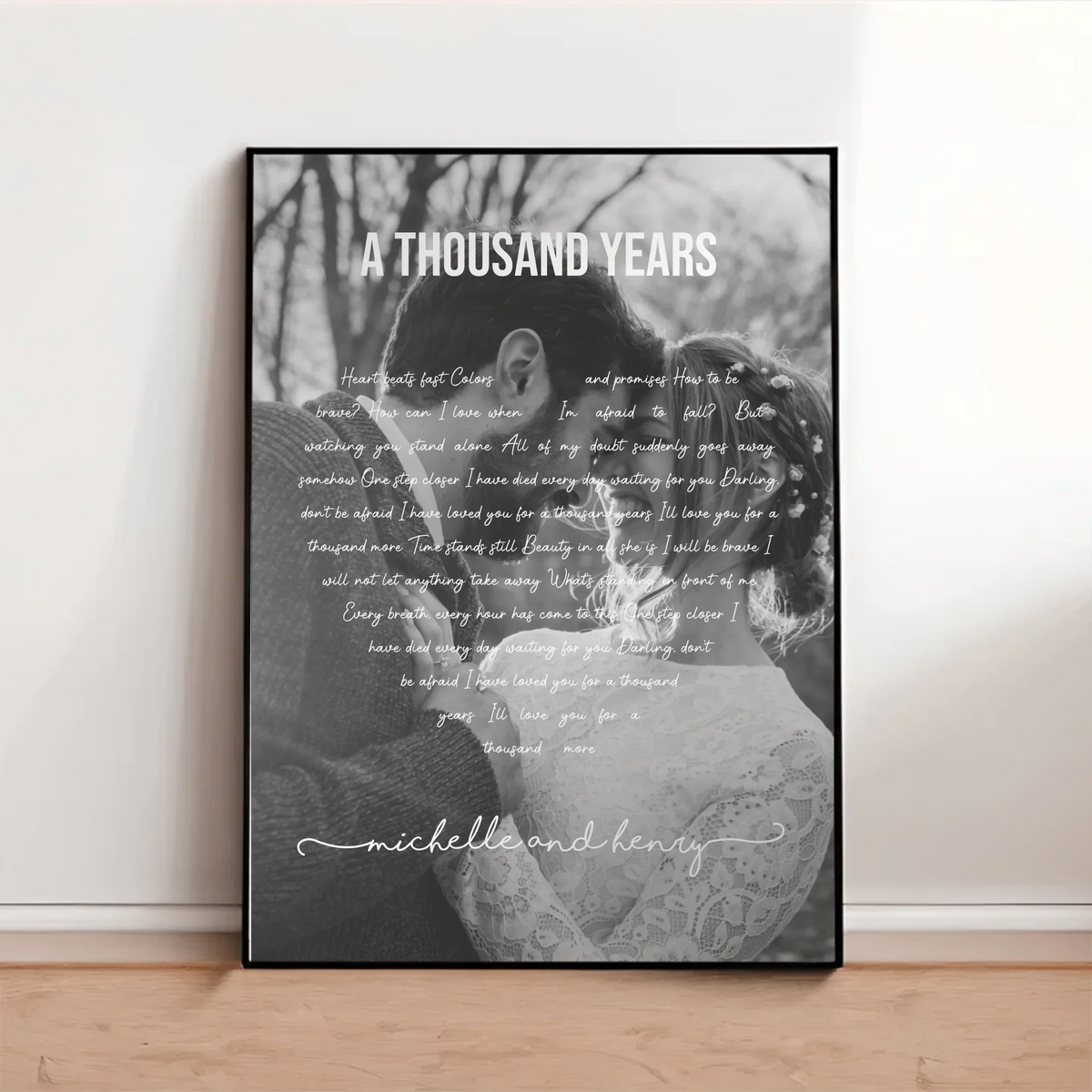 Personalized poster with custom song lyrics arranged in a paragraph shape around couple's photo