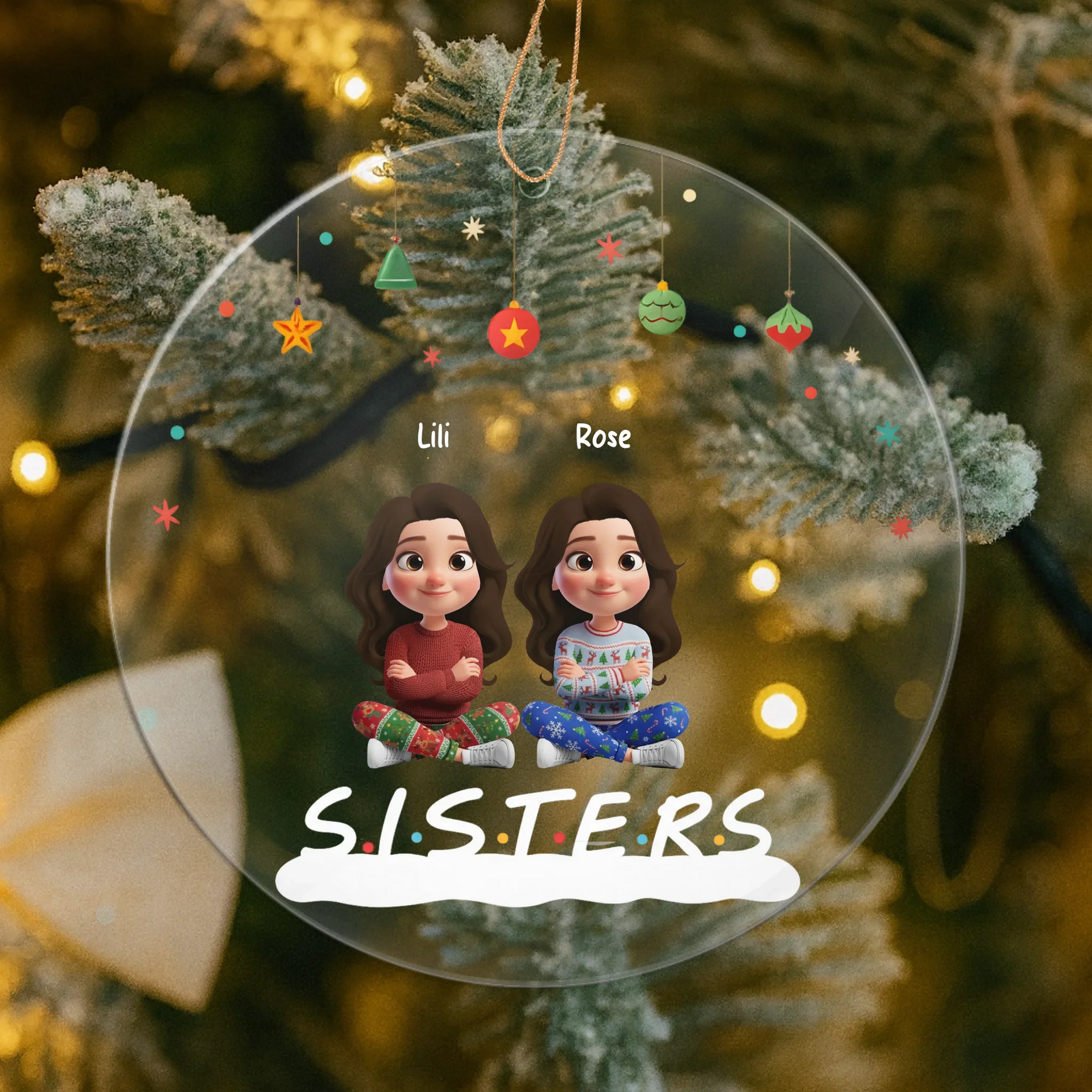 Personalized 3D Christmas ornament celebrating sisters and best friends with custom names