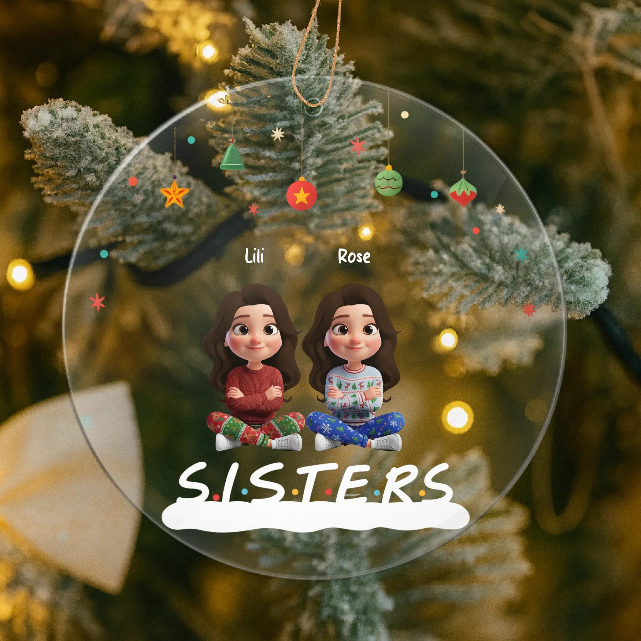 Personalized 3D Christmas ornament celebrating sisters and best friends with custom names