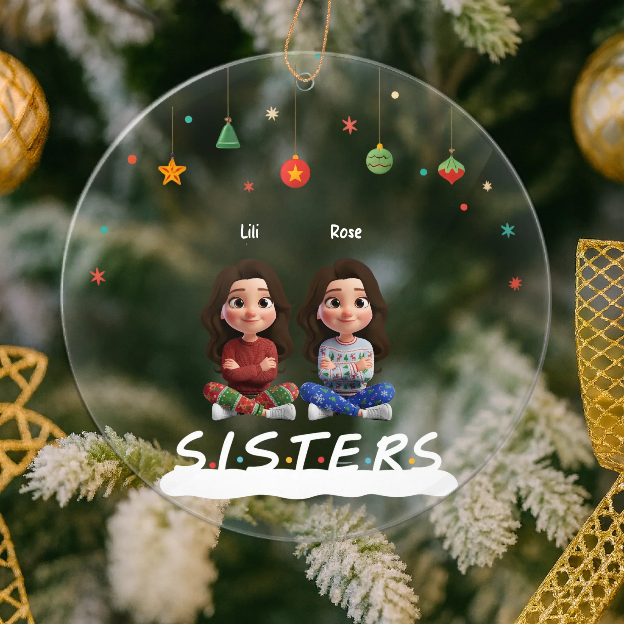 Personalized 3D Christmas ornament celebrating sisters and best friends with custom names