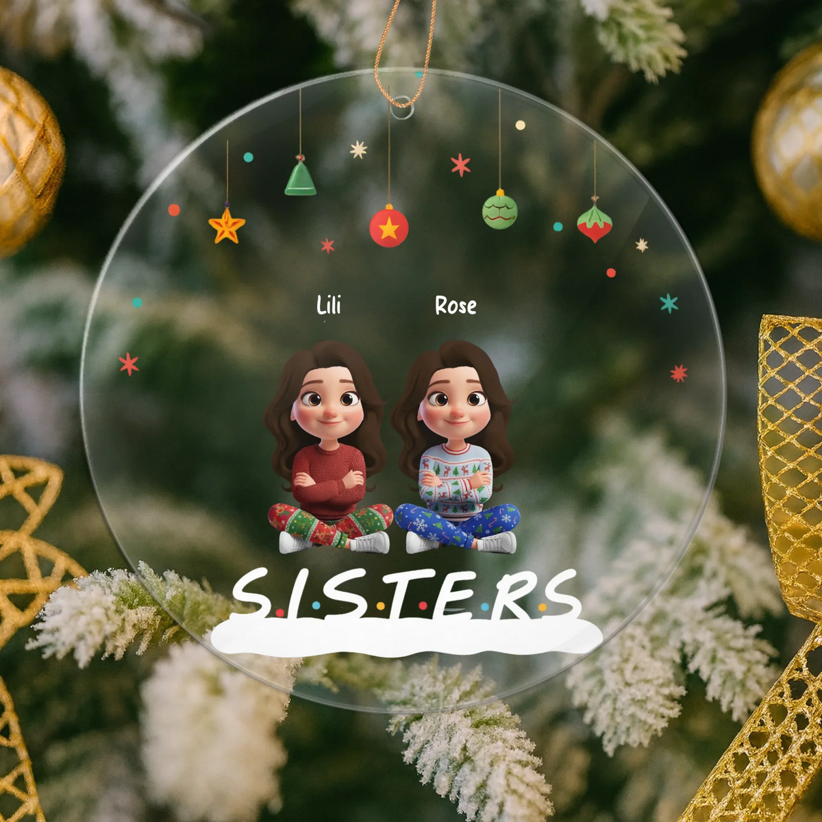 Personalized 3D Christmas ornament celebrating sisters and best friends with custom names