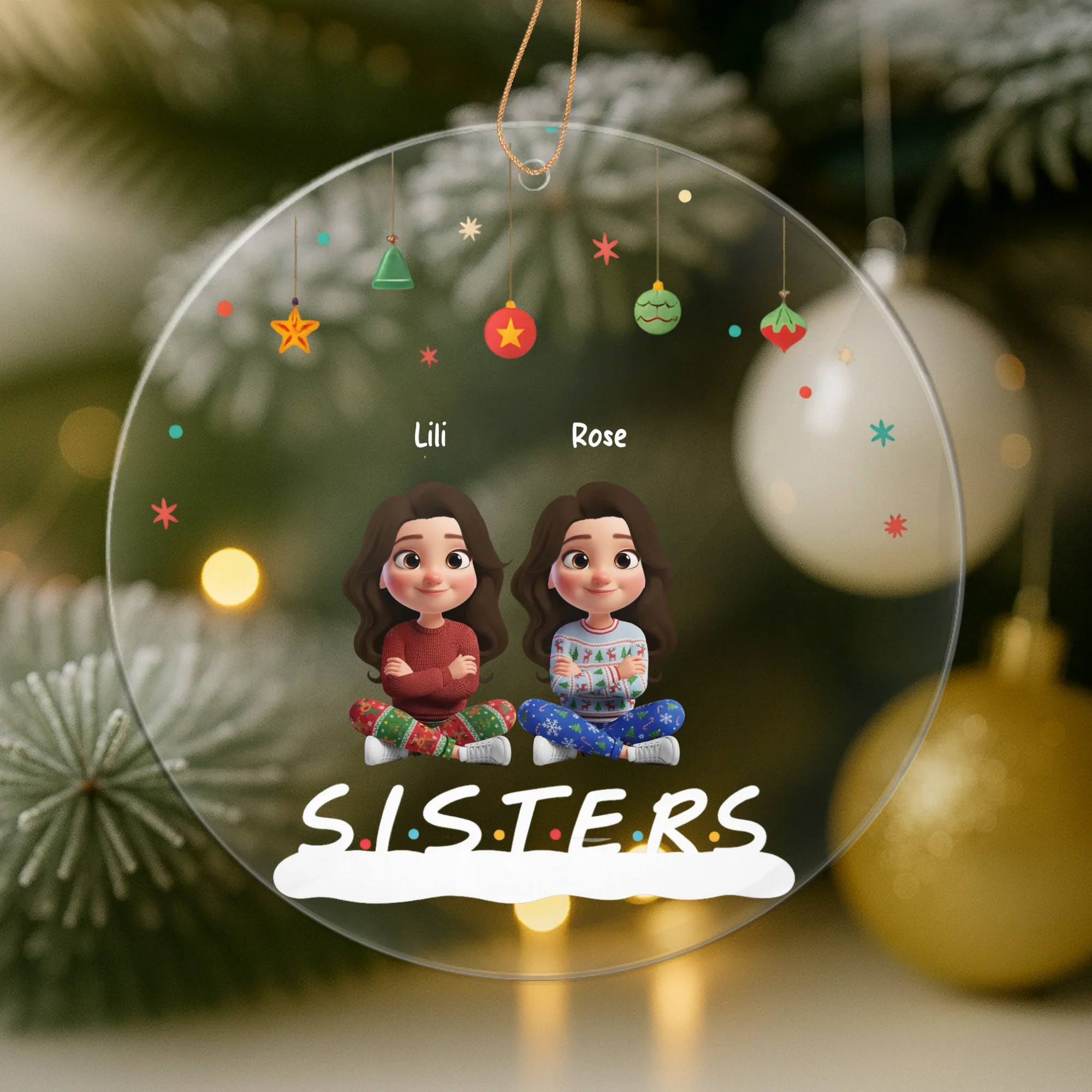 Personalized 3D Christmas ornament celebrating sisters and best friends with custom names
