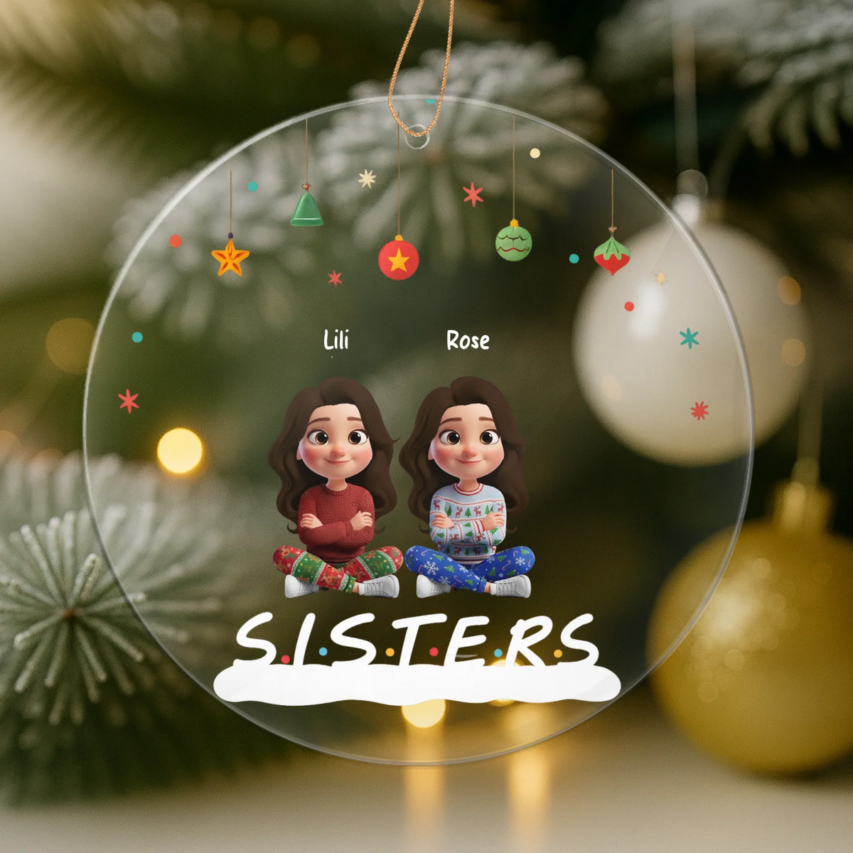 Personalized 3D Christmas ornament celebrating sisters and best friends with custom names