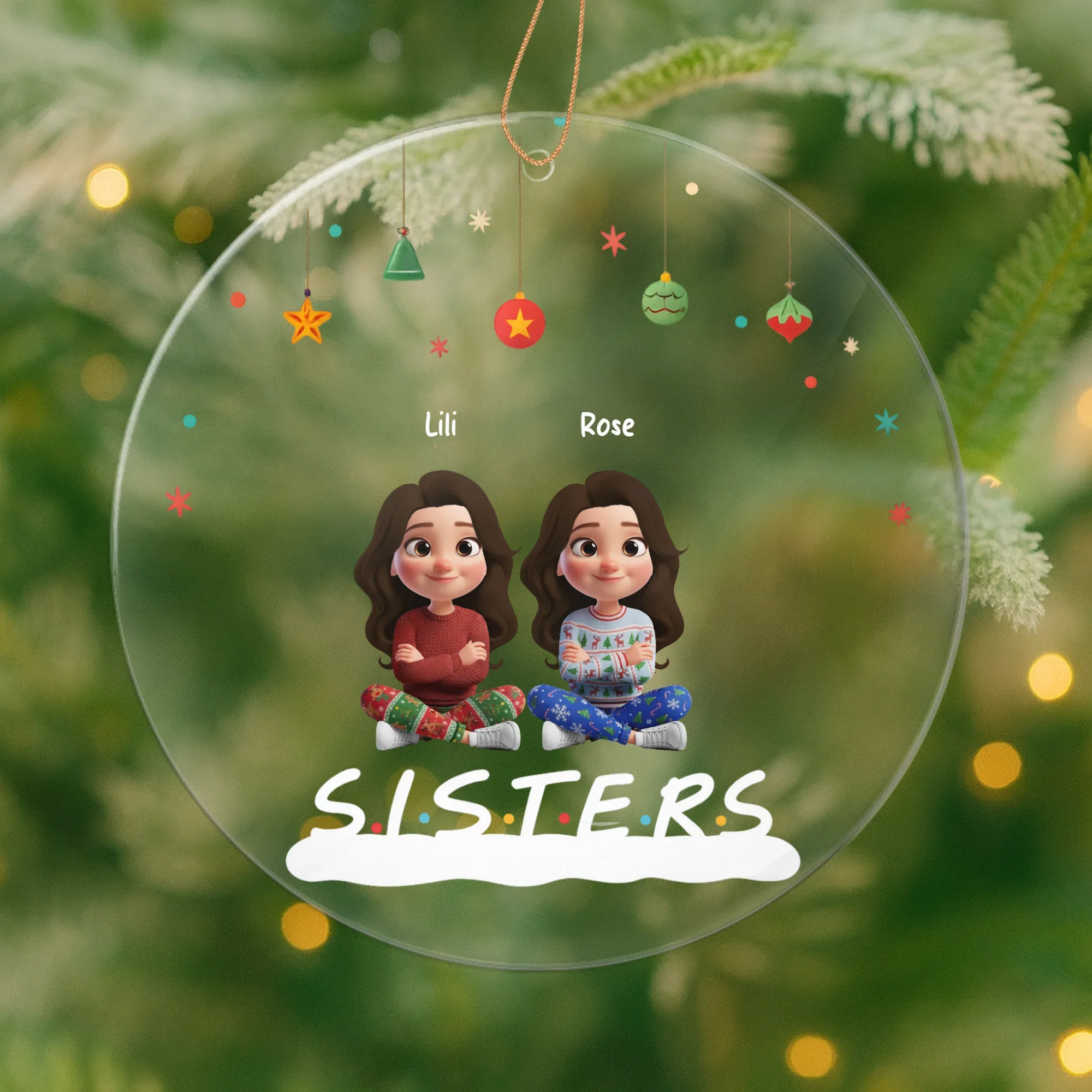 Personalized 3D Christmas ornament celebrating sisters and best friends with custom names