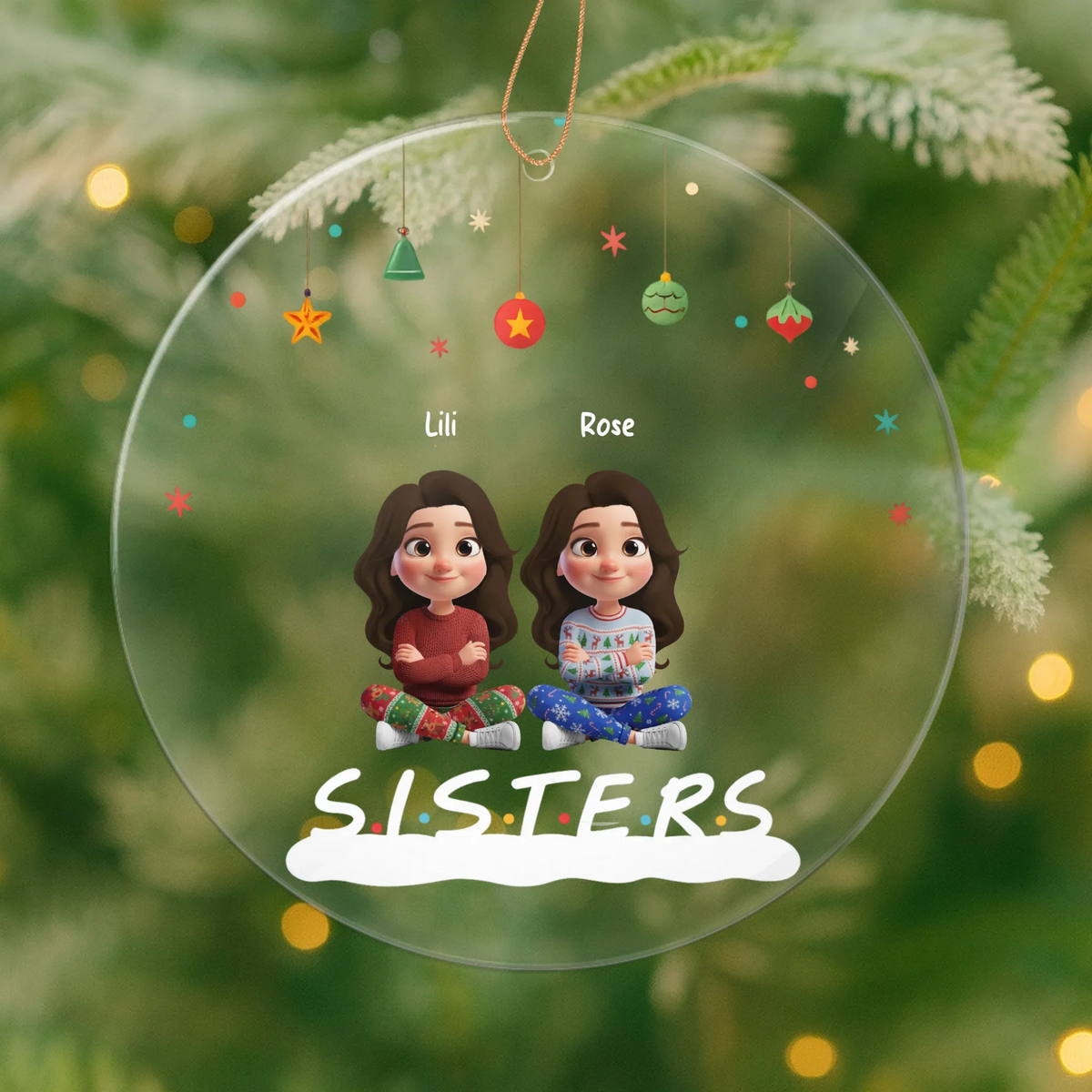 Personalized 3D Christmas ornament celebrating sisters and best friends with custom names
