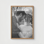 Personalized poster with custom song lyrics arranged in a paragraph shape around couple's photo
