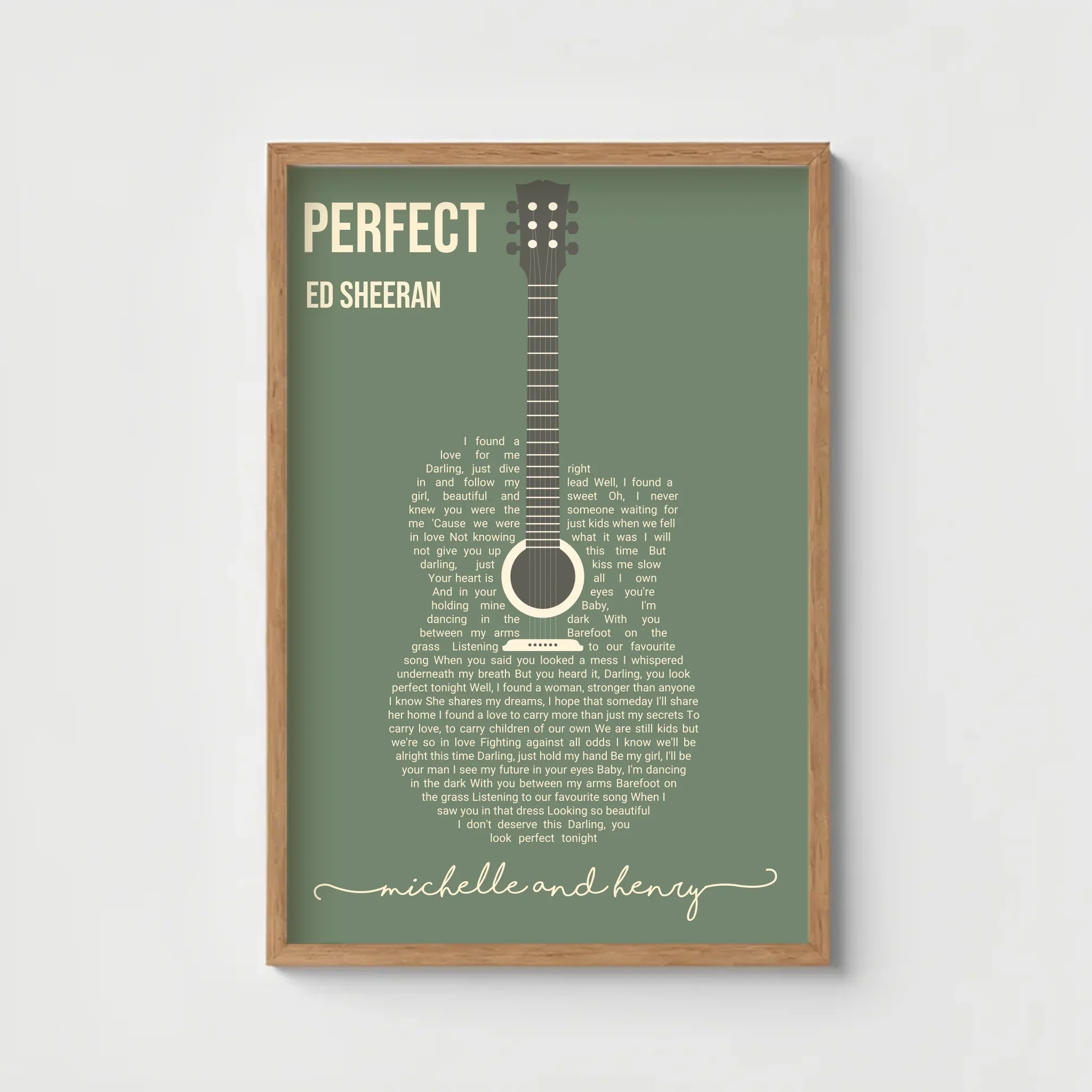 Personalized poster with custom song lyrics arranged in an artistic word-art shape