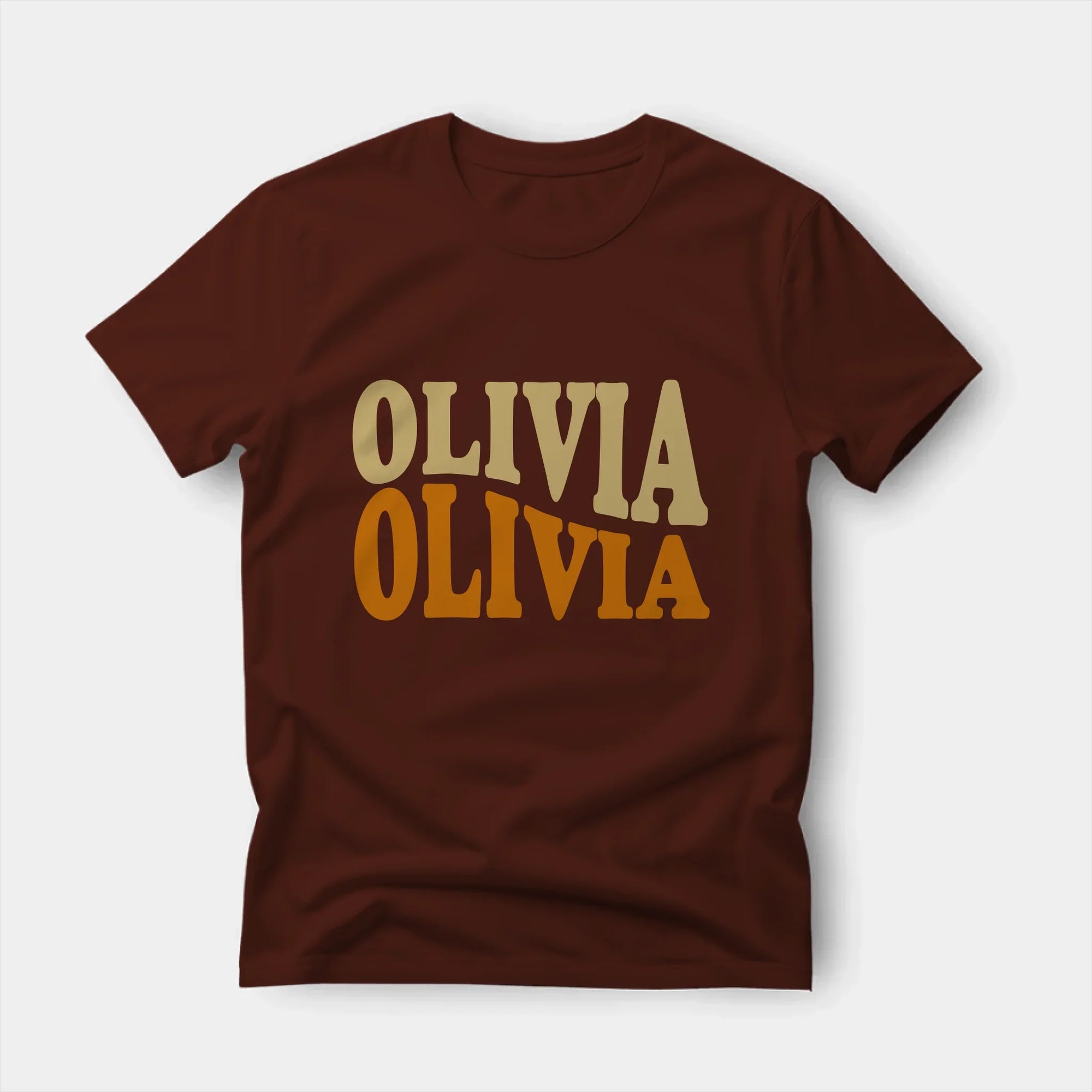 Personalized t-shirt with custom warped wavy text design printed in choice of colors