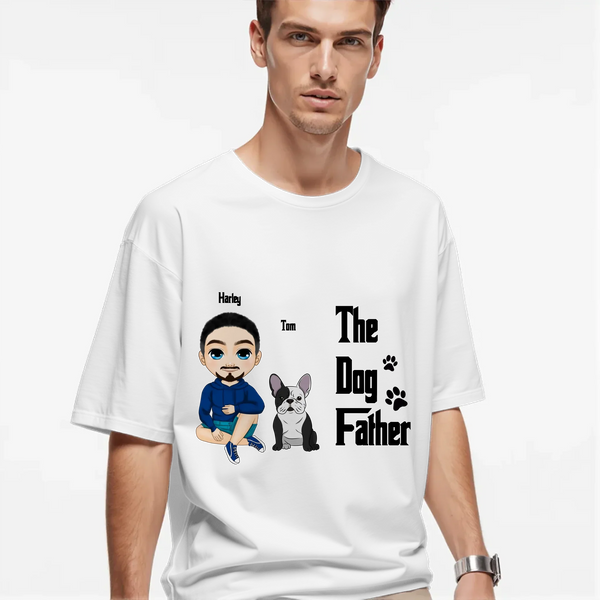Personalized The Dog Father t-shirt for dog dads featuring custom dog illustration