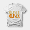 Personalized t-shirt with custom warped wavy text design printed in choice of colors