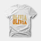 Personalized t-shirt with custom warped wavy text design printed in choice of colors