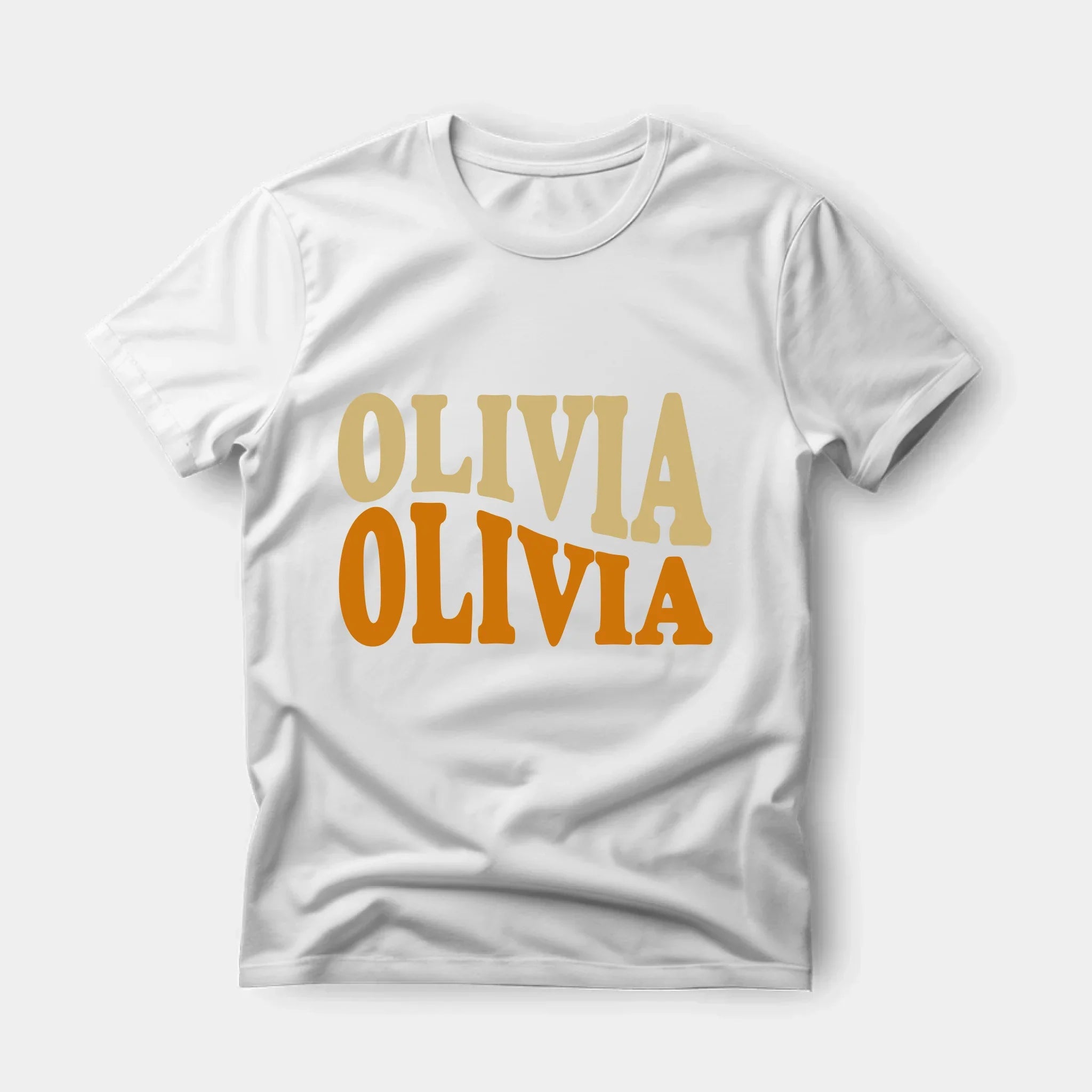 Personalized t-shirt with custom warped wavy text design printed in choice of colors