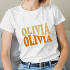 Personalized t-shirt with custom warped wavy text design printed in choice of colors